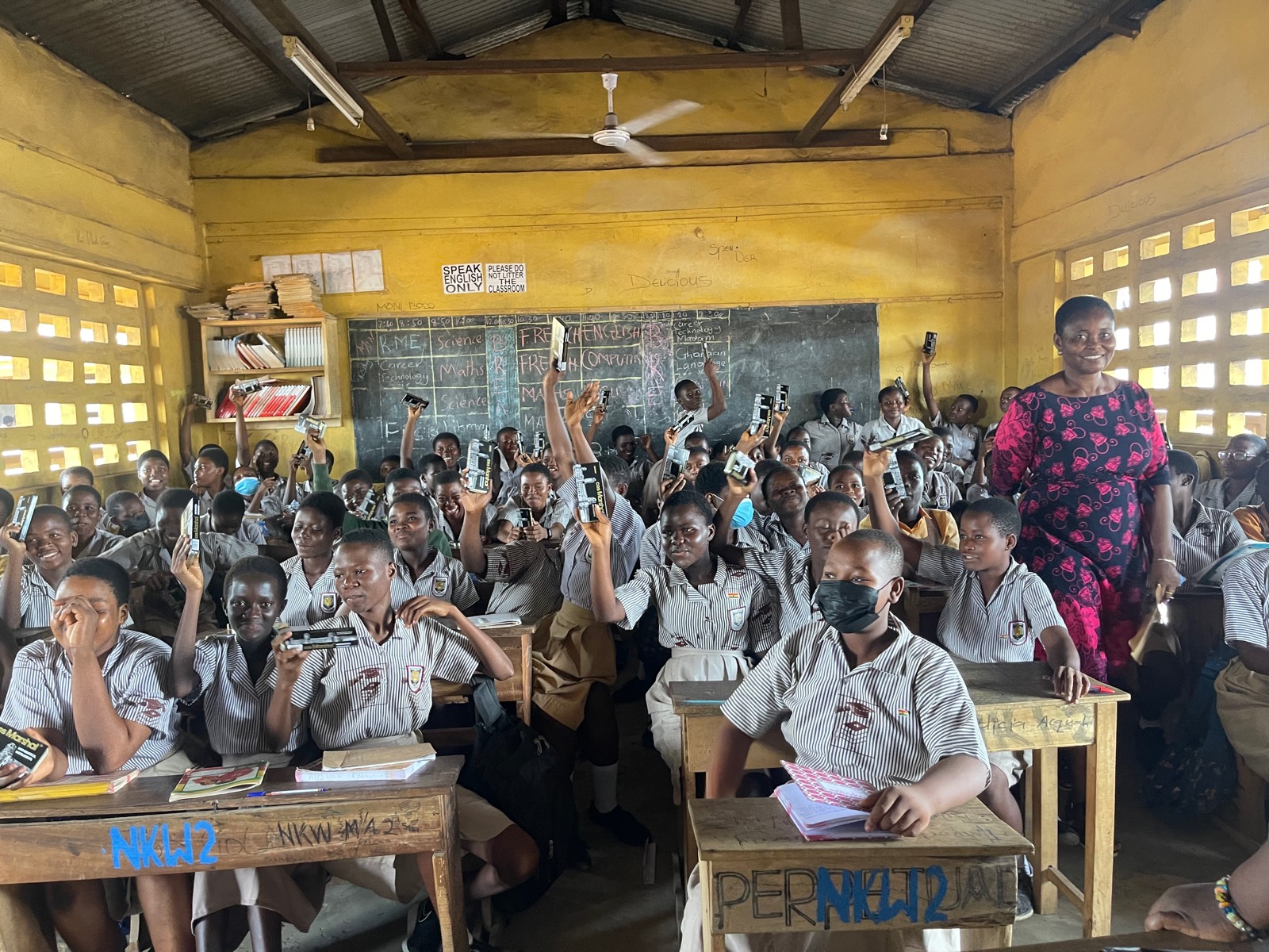 Students holding up mathematical sets in class